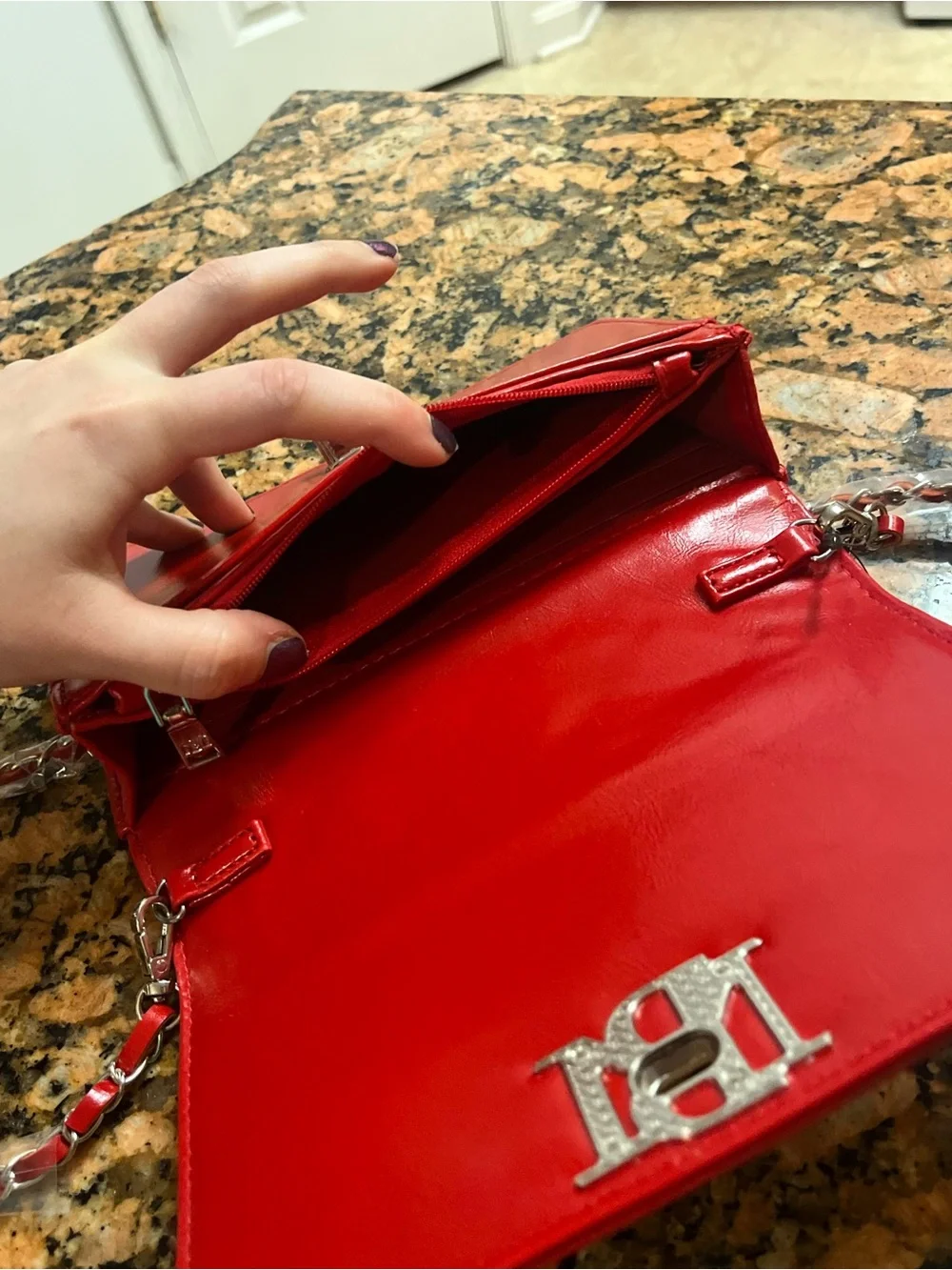 Badgley Mischka Red Quilted Vegan Leather Chain Crossbody - Picture 3 of 5